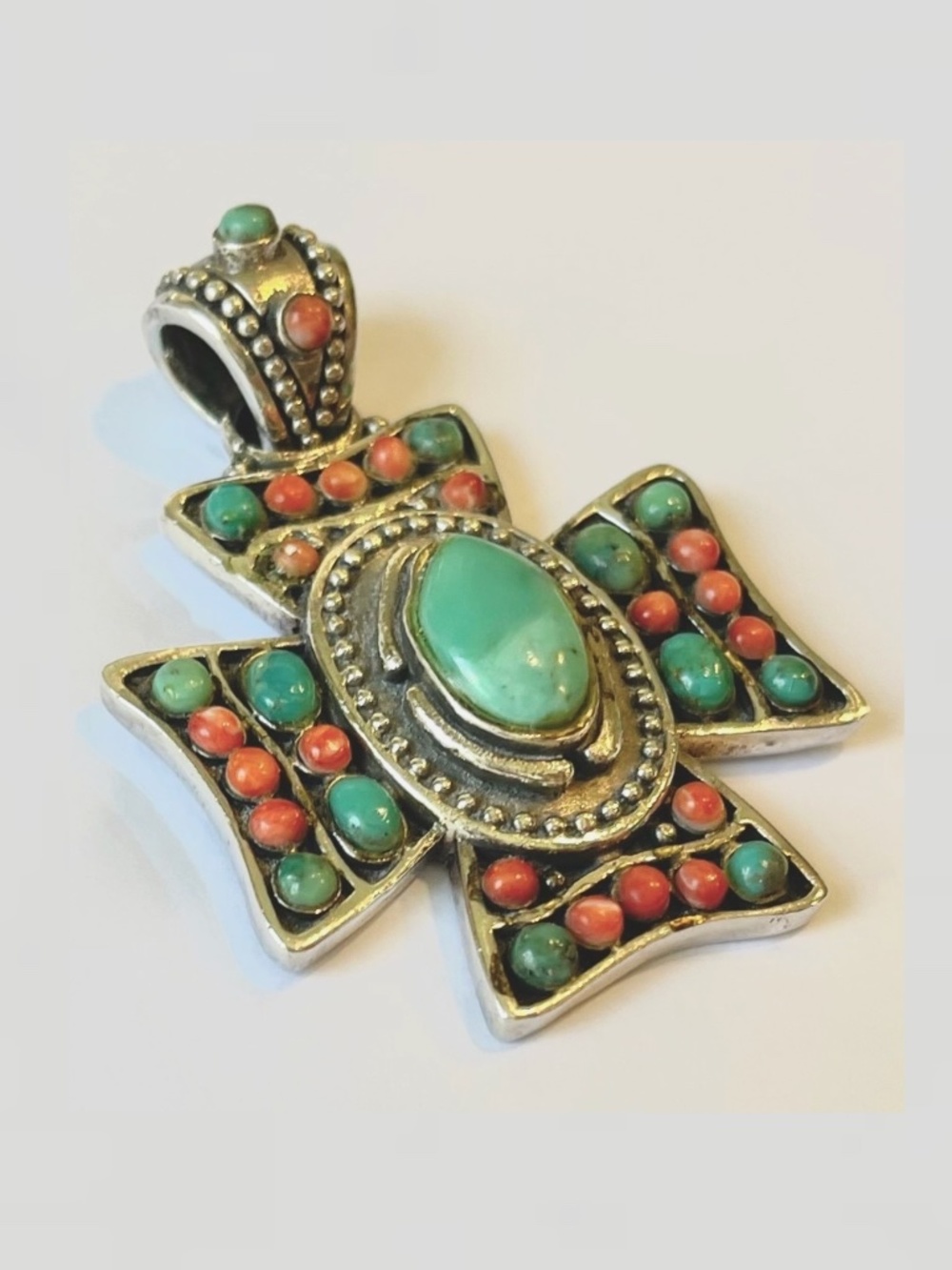 Vintage USA Large Heavy BARSE 925 Sterling Silver TURQUOISE CORAL Cross Pendant